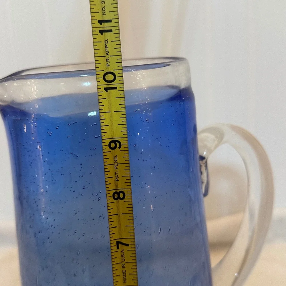 Vintage Seeded Glass Pitcher 10.5in Cobalt Blue Excellent Hand Blown Coastal Art